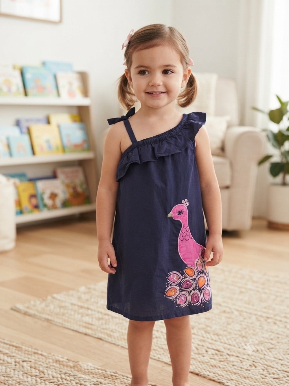 Gymboree Navy One-Shoulder Ruffle Dress with Pink Peacock